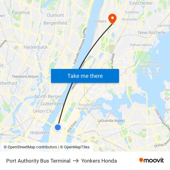 Port Authority Bus Terminal to Yonkers Honda map