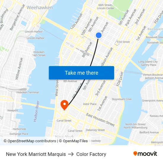 New York Marriott Marquis to Color Factory map