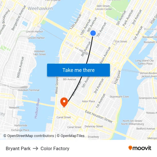 Bryant Park to Color Factory map