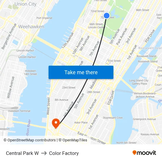 Central Park W, New York, NY 10023 to Color Factory map