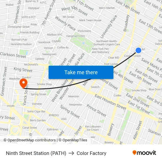 Ninth Street Station (PATH) to Color Factory map