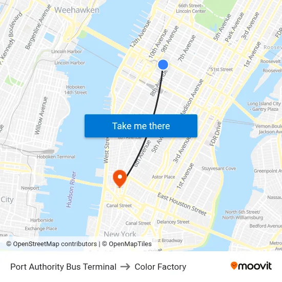Port Authority Bus Terminal to Color Factory map