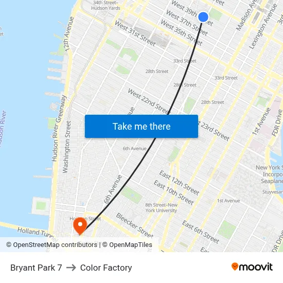 Bryant Park 7 to Color Factory map