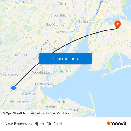 New Brunswick, Nj to Citi Field map