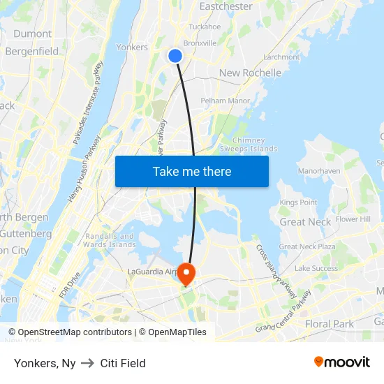 Yonkers to Citi Field map