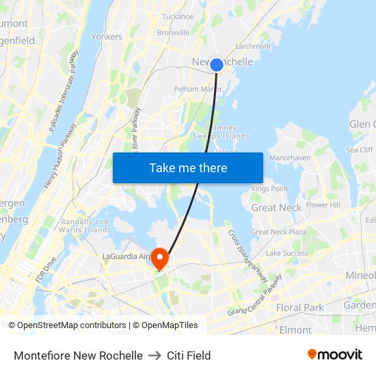 Montefiore New Rochelle to Citi Field map