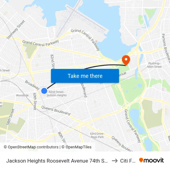Jackson Heights Roosevelt Avenue 74th Street Station to Citi Field map