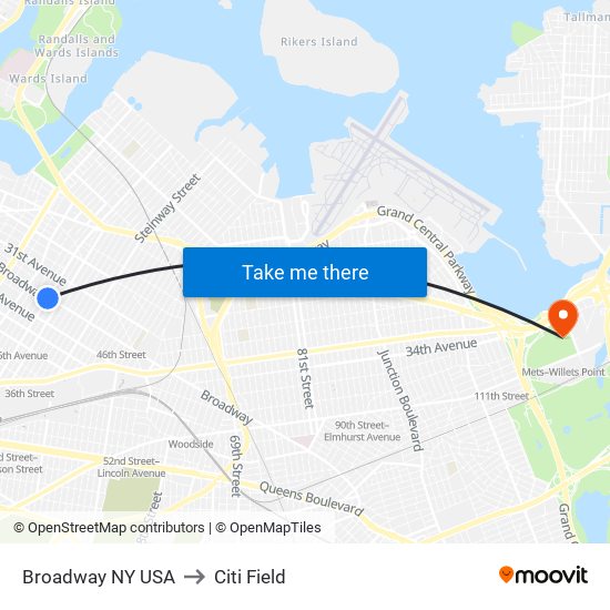 Broadway NY USA to Citi Field map