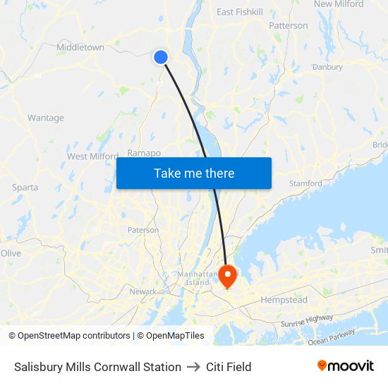 Salisbury Mills Cornwall Station to Citi Field map