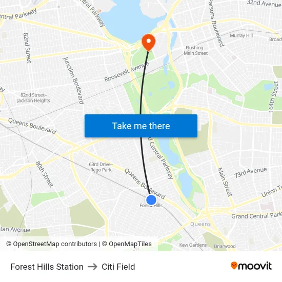 Forest Hills Station to Citi Field map
