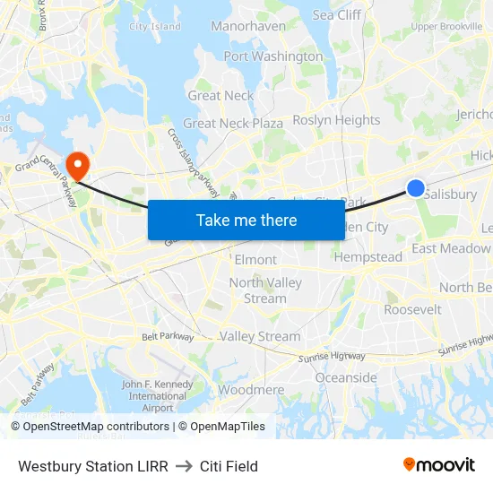Westbury Station LIRR to Citi Field map