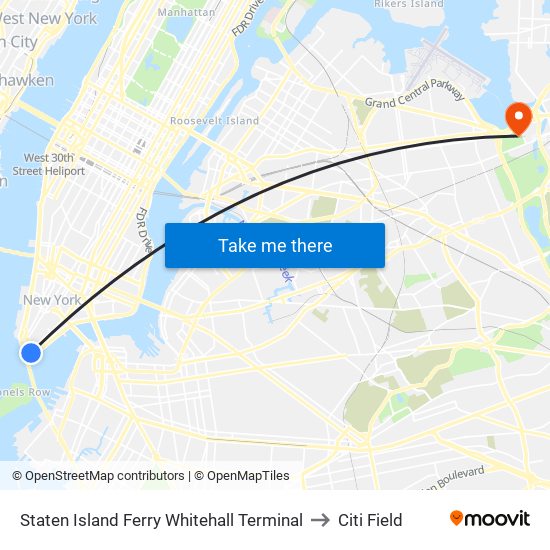 Staten Island Ferry Whitehall Terminal to Citi Field map