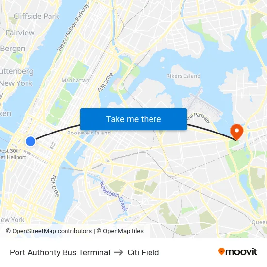 Port Authority Bus Terminal to Citi Field map