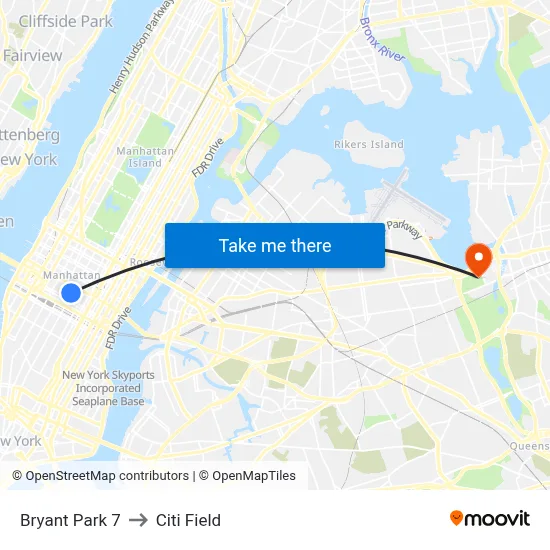 Bryant Park 7 to Citi Field map