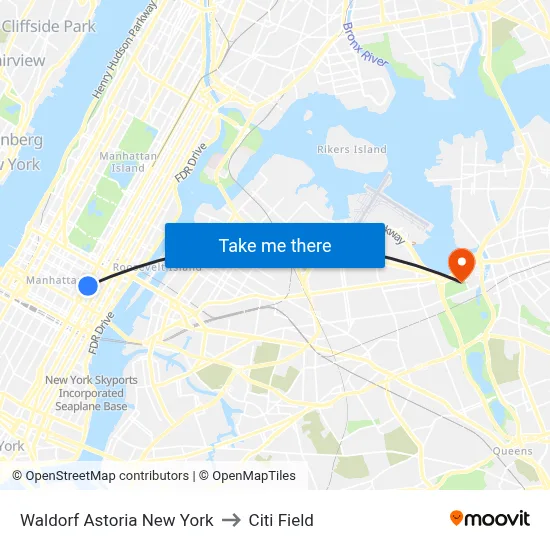 Waldorf Astoria New York to Citi Field map