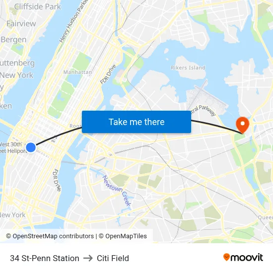 34 St-Penn Station to Citi Field map