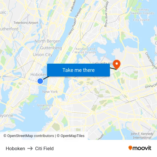 Hoboken to Citi Field map