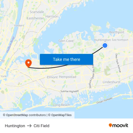 Huntington to Citi Field map