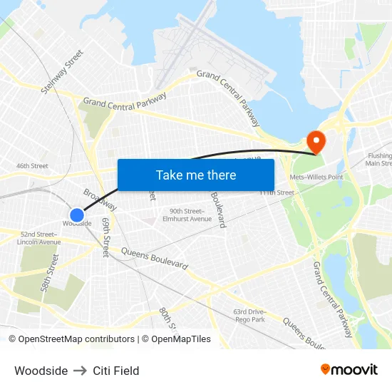 Woodside to Citi Field map