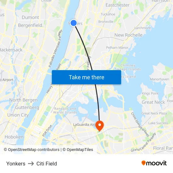 Yonkers to Citi Field map