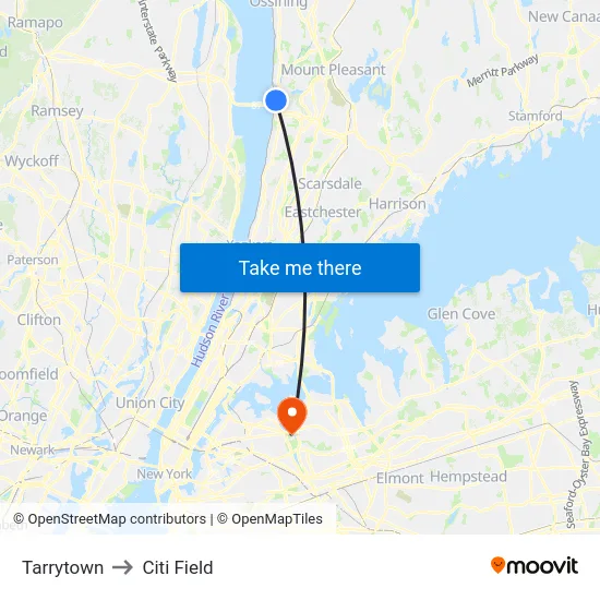 Tarrytown to Citi Field map