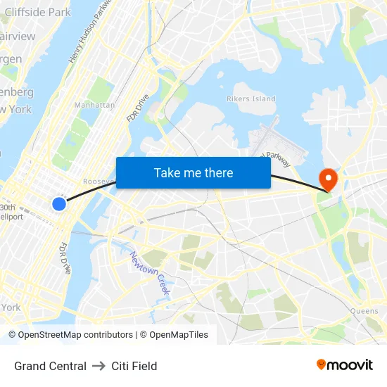 Grand Central to Citi Field map