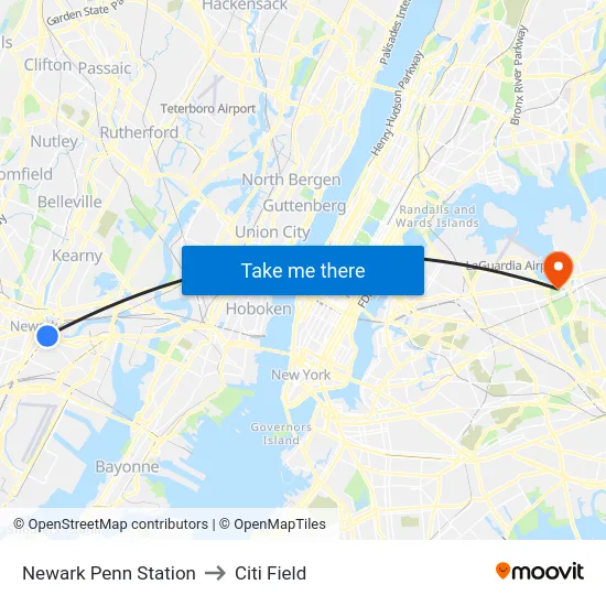 Newark Penn Station to Citi Field map