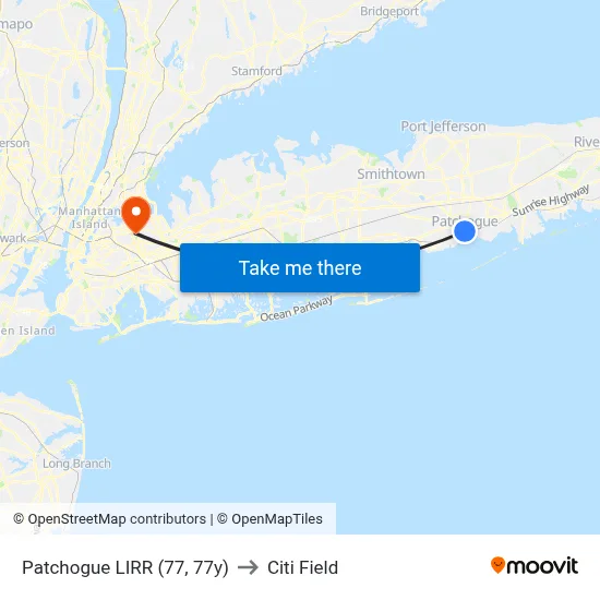Patchogue LIRR (77, 77y) to Citi Field map