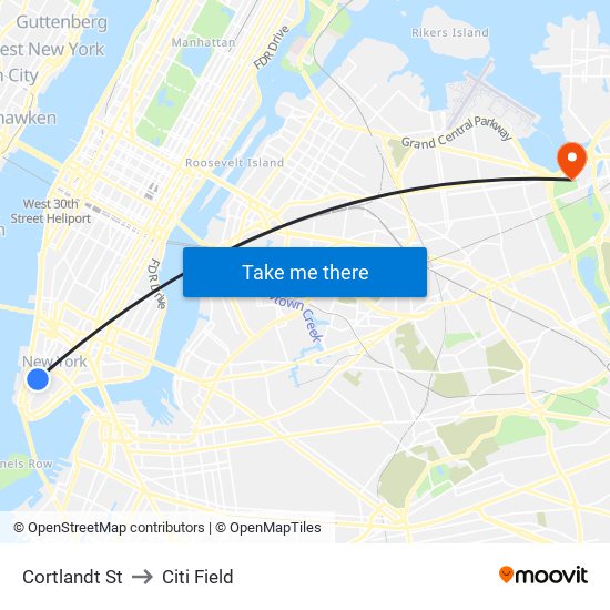 Cortlandt St to Citi Field map