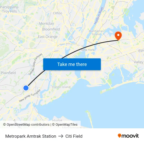 Metropark Amtrak Station to Citi Field map