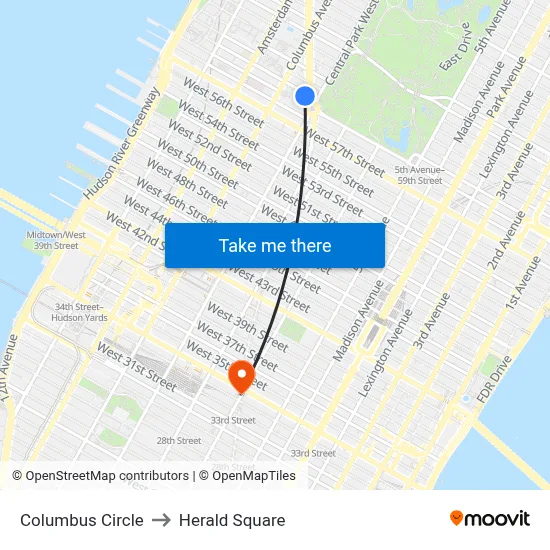 Columbus Circle to Herald Square map