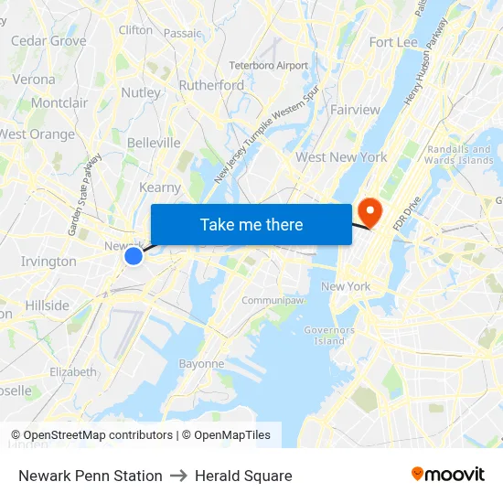 Newark Penn Station to Herald Square map
