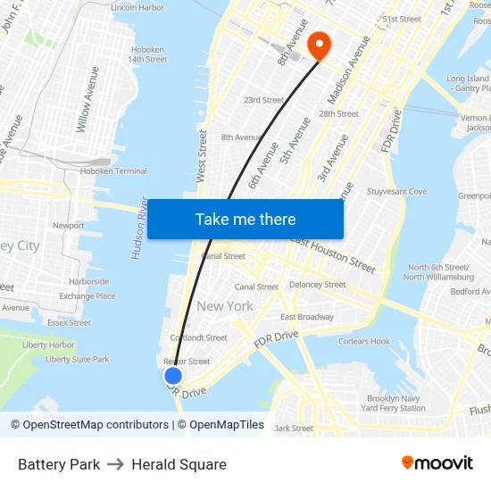 Battery Park to Herald Square map