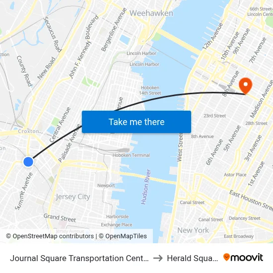 Journal Square Transportation Center to Herald Square map