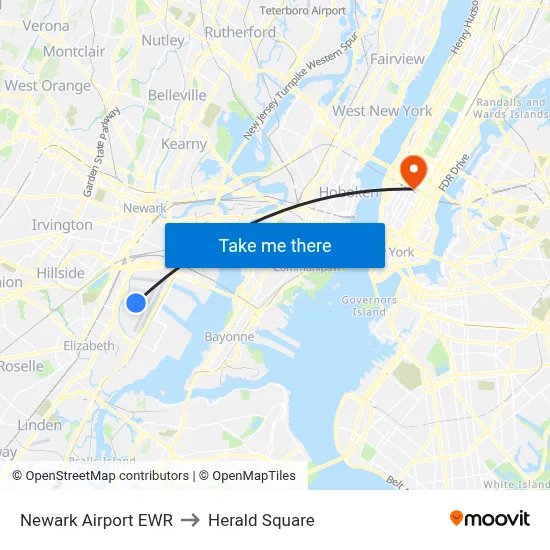 Newark Airport EWR to Herald Square map