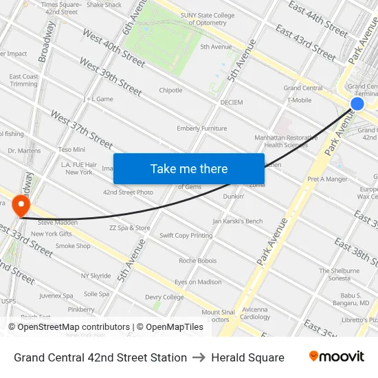 Grand Central 42nd Street Station to Herald Square map