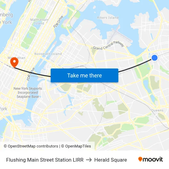 Flushing Main Street Station LIRR to Herald Square map