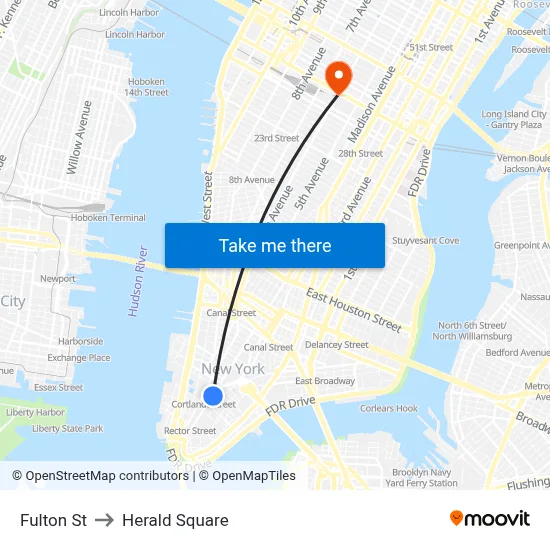 Fulton St to Herald Square map
