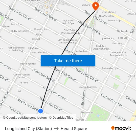 Long Island City (Station) to Herald Square map