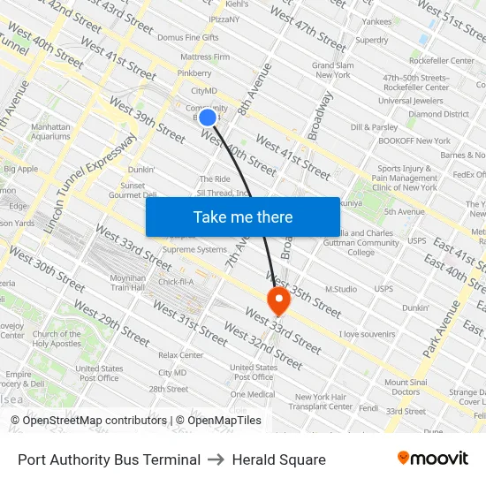 Port Authority Bus Terminal to Herald Square map