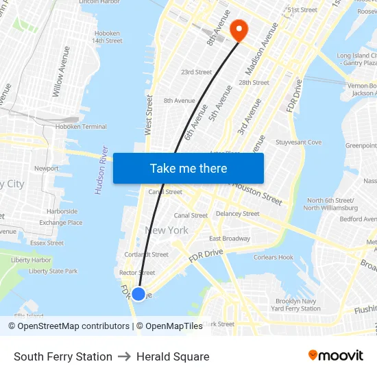 South Ferry Station to Herald Square map
