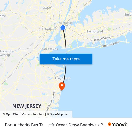 Port Authority Bus Terminal to Ocean Grove Boardwalk Pavilion map