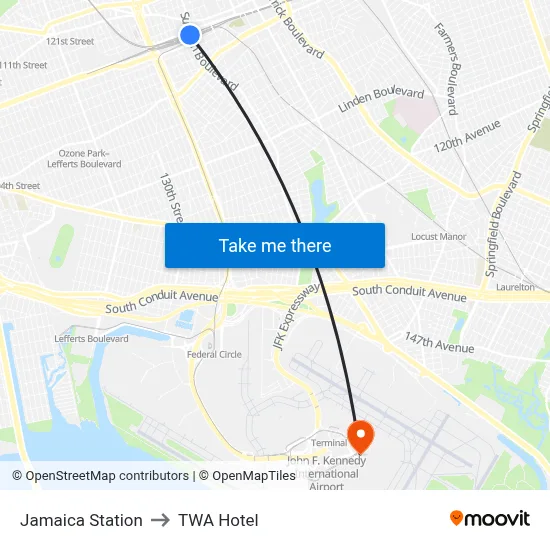 Jamaica Station to TWA Hotel map