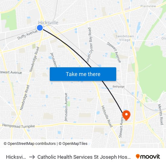 Hicksville to Catholic Health Services St Joseph Hospital map