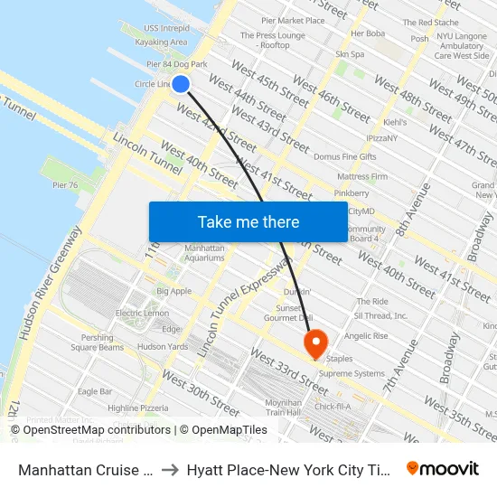 Manhattan Cruise Parking to Hyatt Place-New York City Times Square map