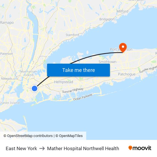 East New York to Mather Hospital Northwell Health map
