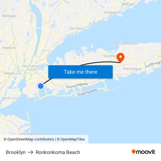 Brooklyn to Ronkonkoma Beach map