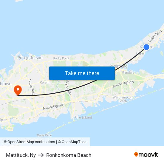 Mattituck, Ny to Ronkonkoma Beach map