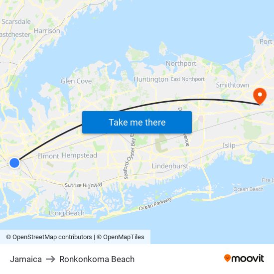 Jamaica to Ronkonkoma Beach map