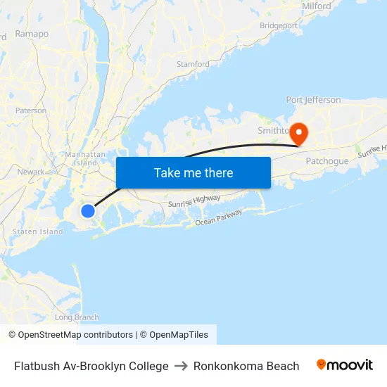 Flatbush Av-Brooklyn College to Ronkonkoma Beach map